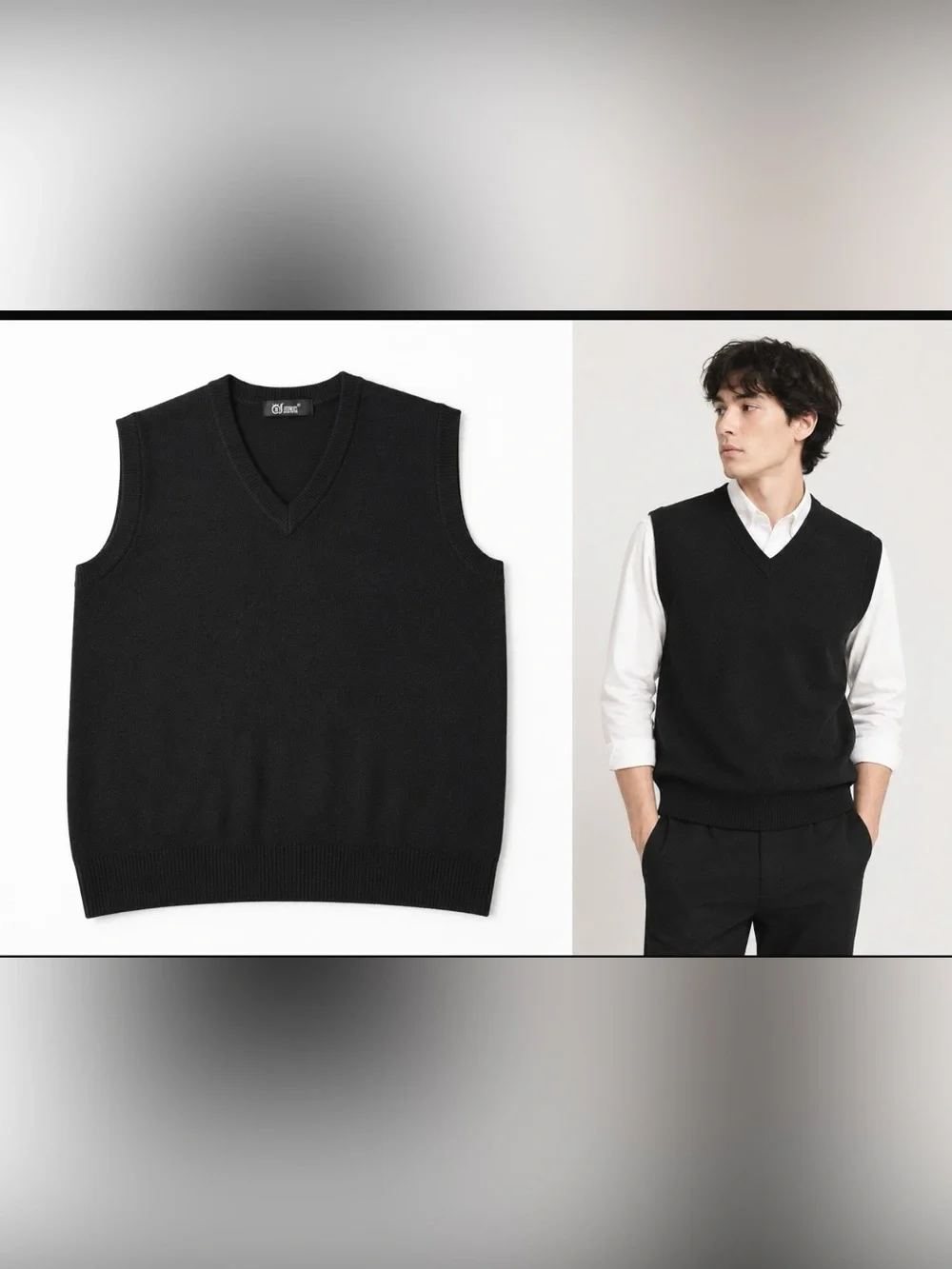 70% Cashmere Wool Blend V Neck Sweater Vest Black Preppy